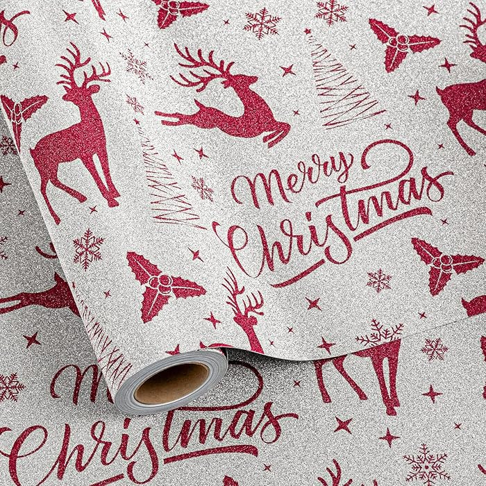 Garbendy Wrapping Paper Roll - 17 Inch X 32.8 Feet - Red & White with Reindeer, Snowflakes, Merry... | Amazon (US)