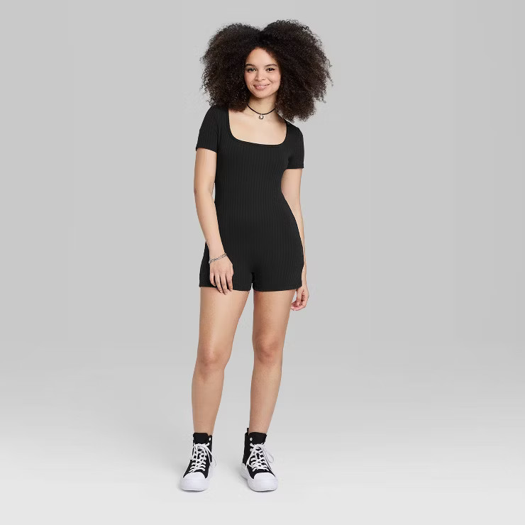 Women's Short Sleeve Lace-Up Back Fitted Romper - Wild Fable™ | Target