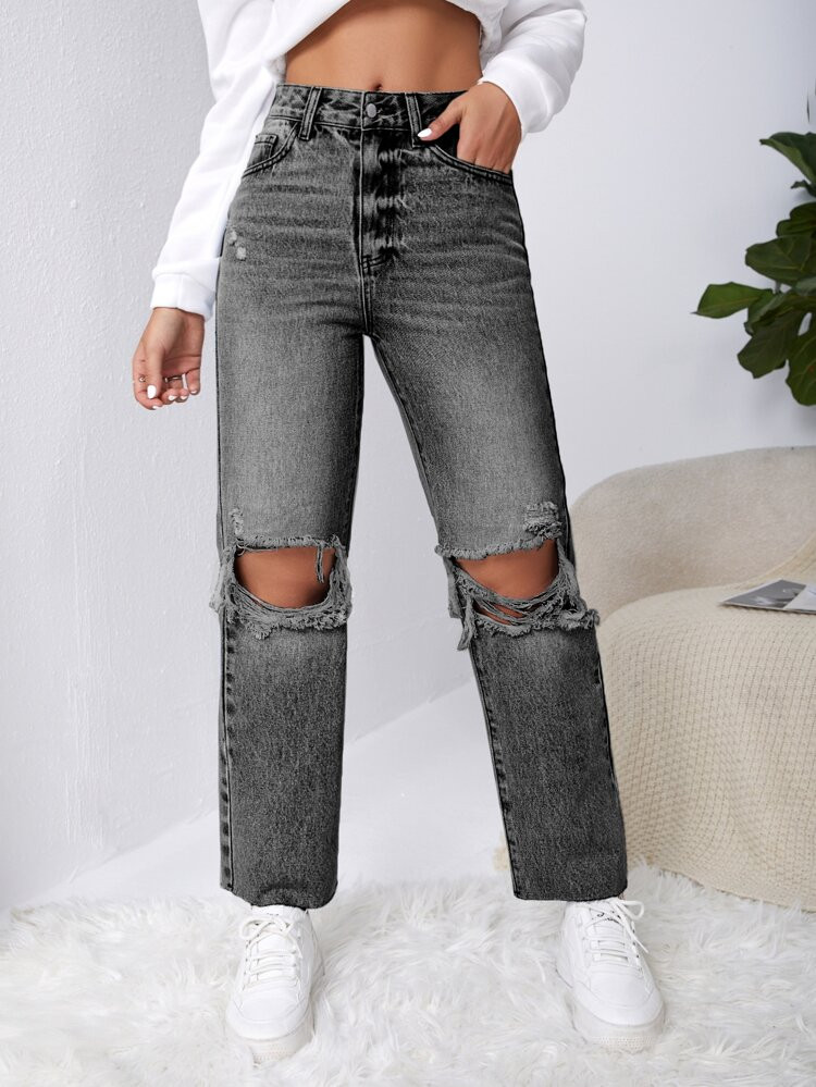 Ripped Raw Cut Straight Leg Jeans | SHEIN