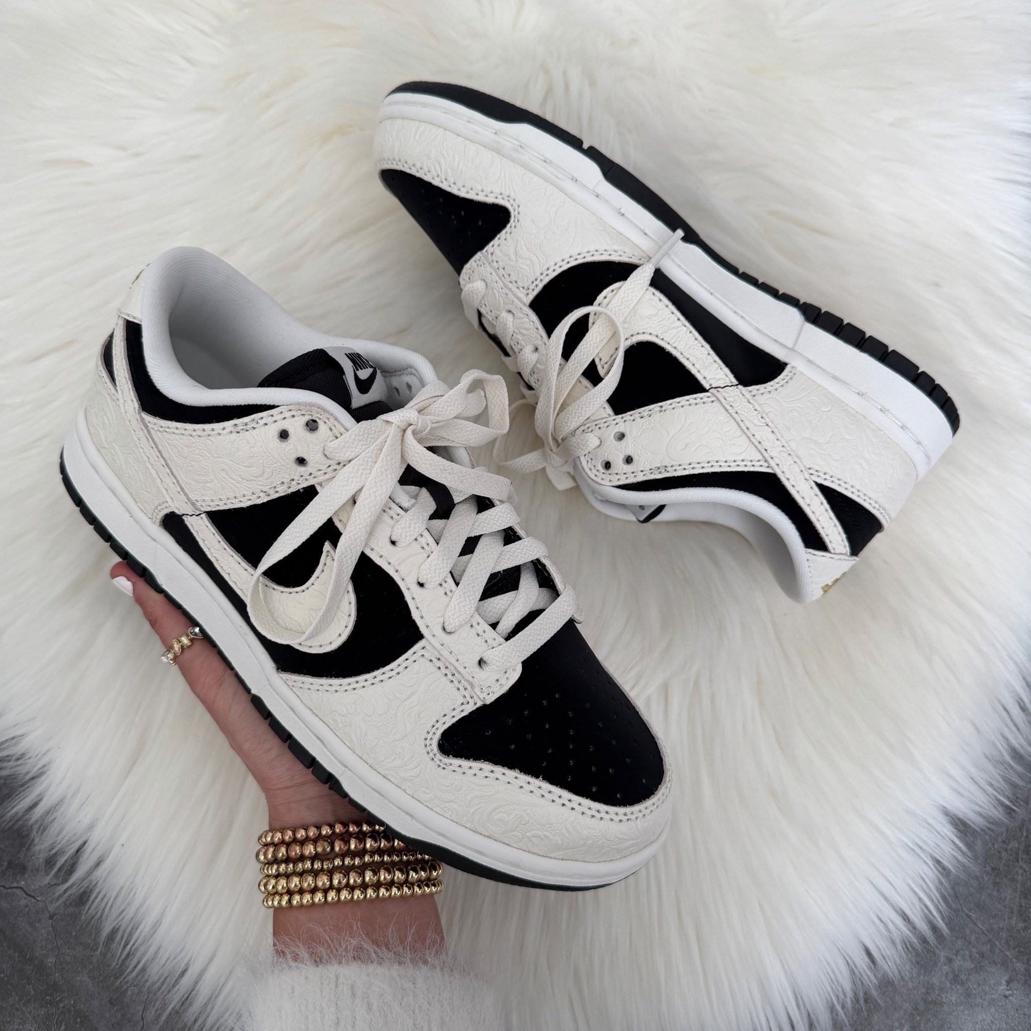 Nike dunk low basketball sneakers in black sail gold and white. Runs true to size