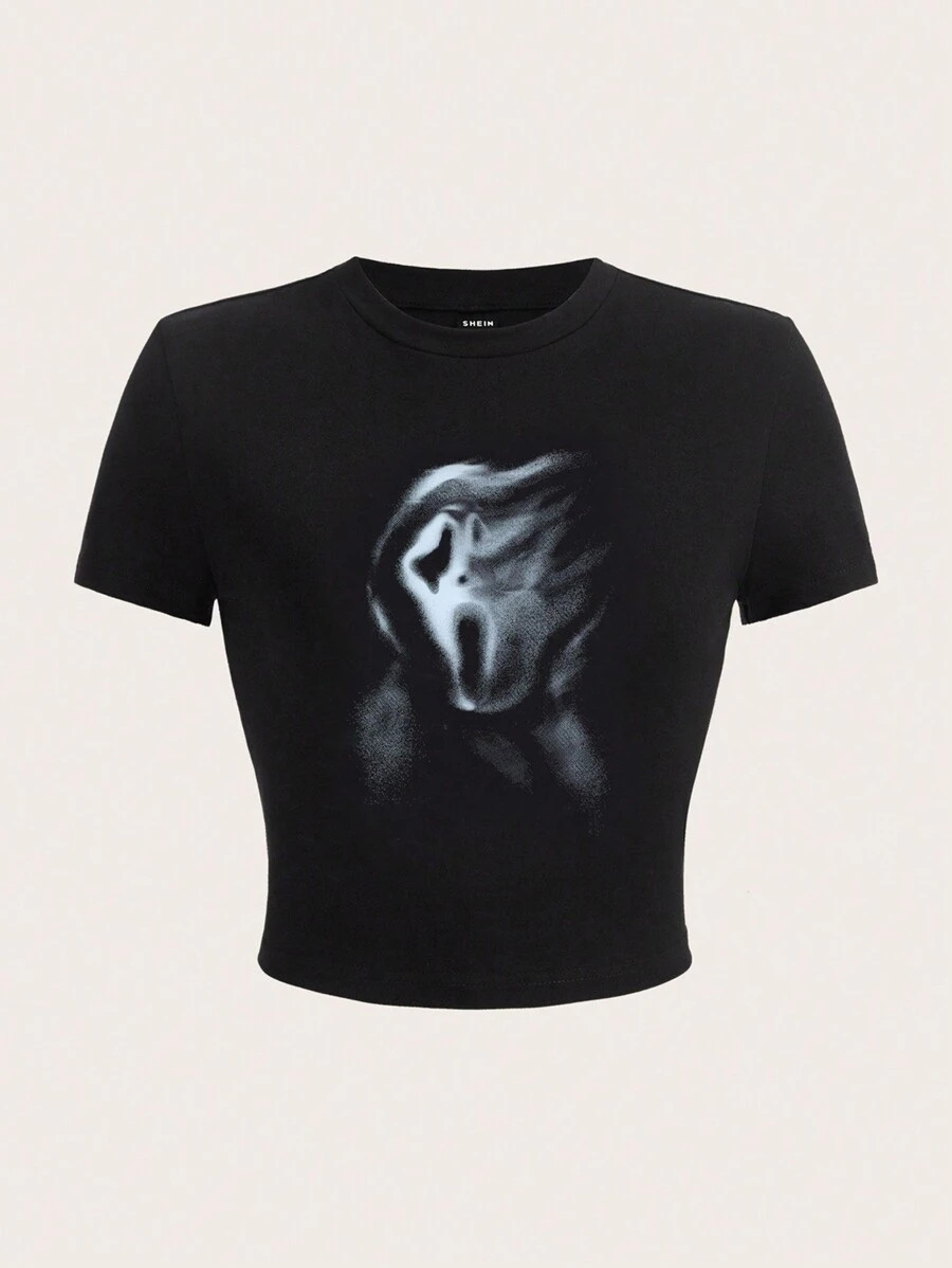 SHEIN EZwear Plus Size Women's Fitted Screaming Skull Print Black Round Neck Short-Sleeved Casual... | SHEIN