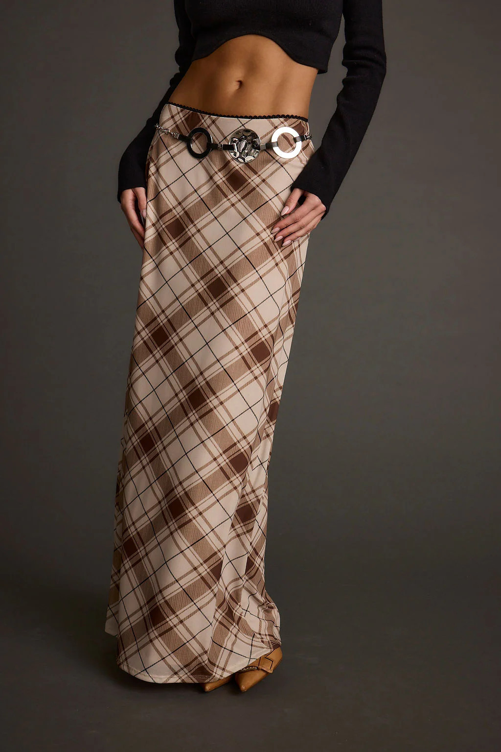 Julia Brown Plaid Mesh Maxi Skirt | 12th Tribe
