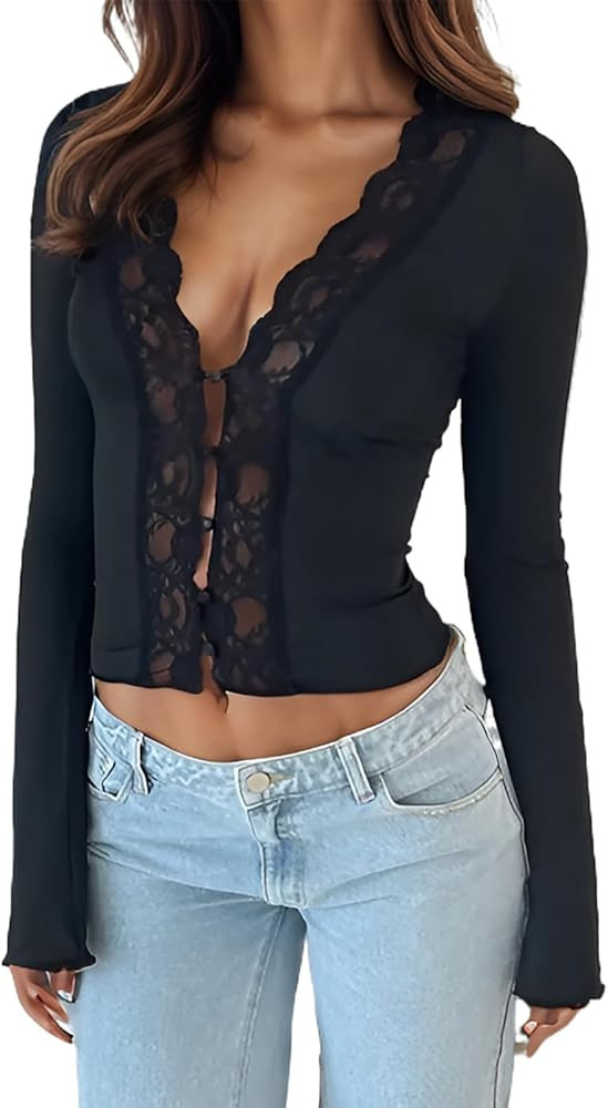 Women's Lace Trim Crop Tops Button Up Flare Long Sleeve Deep V Sexy Blouse Going Out Slim Fitted ... | Amazon (CA)