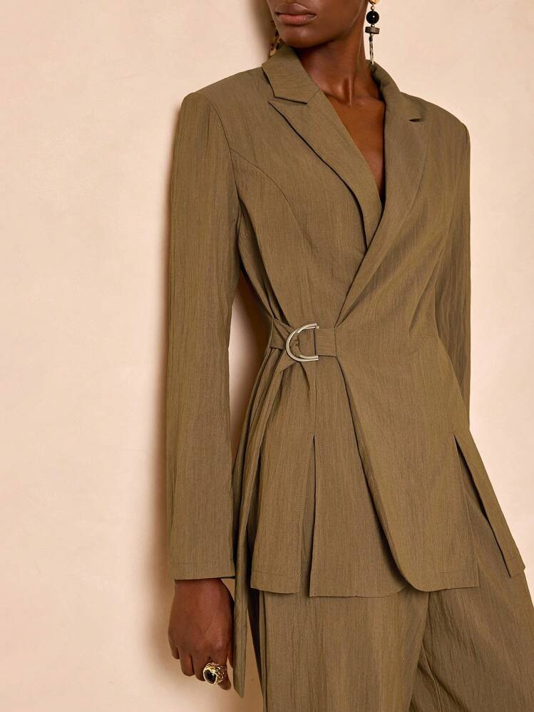Zivah New Autumn And Winter Casual Elegant Commuting Daily Dating Office Worker Lapel Long Sleeve Waist Section Adjustable Waist Ribbon Decoration Loose Khaki Formal Suit Suit Jacket + Trousers Wide Leg Pants Trousers Khaki Women's Suit Set-A Blazer Set Women Women Suit | SHEIN