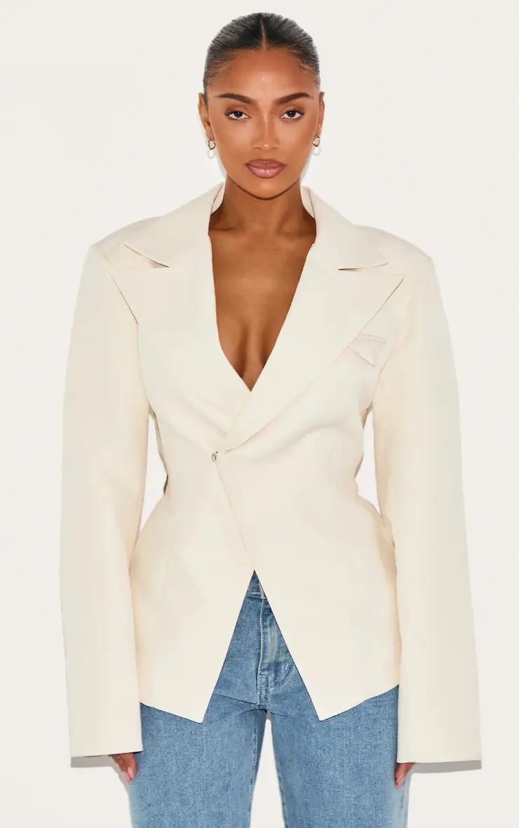 Cream Tailored Asymmetrical Cross Over Adjustable Waist Blazer | PrettyLittleThing USA | PrettyLittleThing US