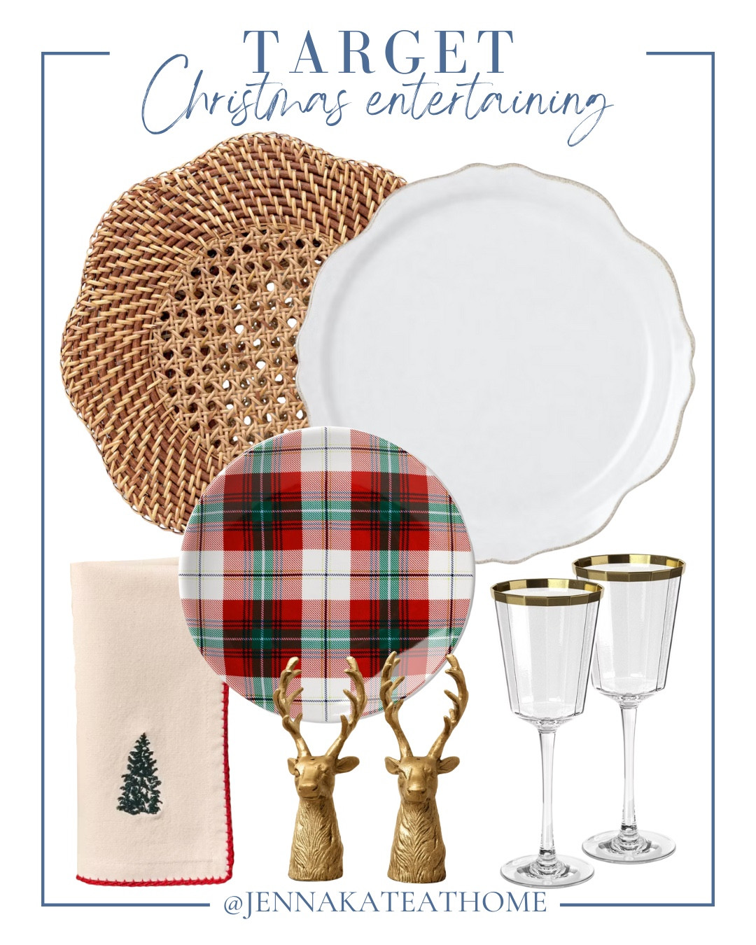 Target holiday hosting includes rattan charger, dinner plates, salad plates, reindeer salt and pepper shakers, gold rimmed glasses, and Christmas tree napkins.

Holiday hosting, Christmas hosting, holiday decor, Christmas decor 

#LTKSeasonal #LTKHome #LTKHoliday