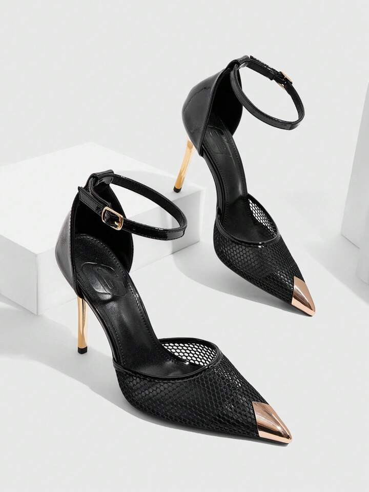 CUCCOO SZL Women Sexy Fashion Pointed Toe Metal Buckle Black Breathable Mesh Strap Buckle Ladies Thin High Heel Hollow Out Pumps Spring Shoes Spring Break Easter | SHEIN