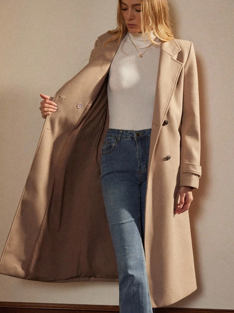 Écloséra New Autumn And Winter Coat For Women, Double-Breasted Long With Belt, Women's Woolen Cloth, Women's Autumn Matching, Women's Autumn Clothing, Women's Autumn Clothing | SHEIN