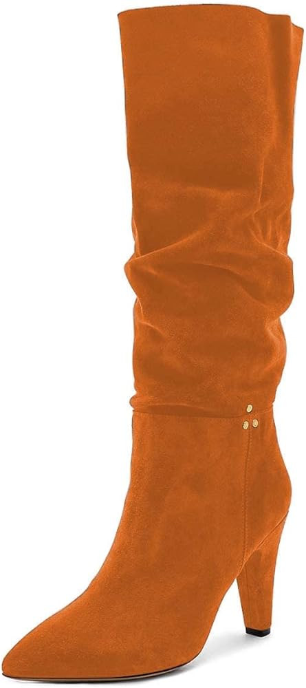 XYD Women Mid Calf Boots Pointed Toe Cone Heel Faux Suede Pull On Slouchy Short Booties | Amazon (US)