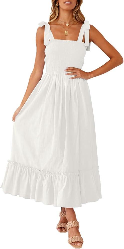 ZESICA Women's 2025 Summer Boho Spaghetti Strap Square Neck Solid Color Ruffle A Line Beach Long ... | Amazon (US)