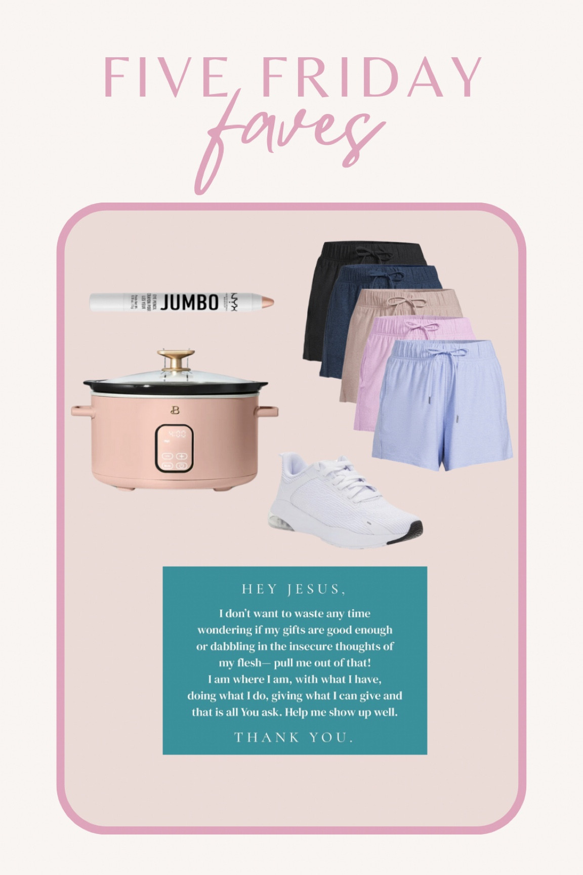 Five Friday faves!!
•my everyday eyeshadow
•best selling $7 Walmart shorts
•my all time fave/most worn Walmart sneakers 
•pink slow cooker of your dreams
•a quote from the ig page cleerlystated 


#walmartfaves #walmartfashion #walmarthome @walmart #amazonbeauty

#LTKbeauty #LTKfindsunder50 #LTKfitness