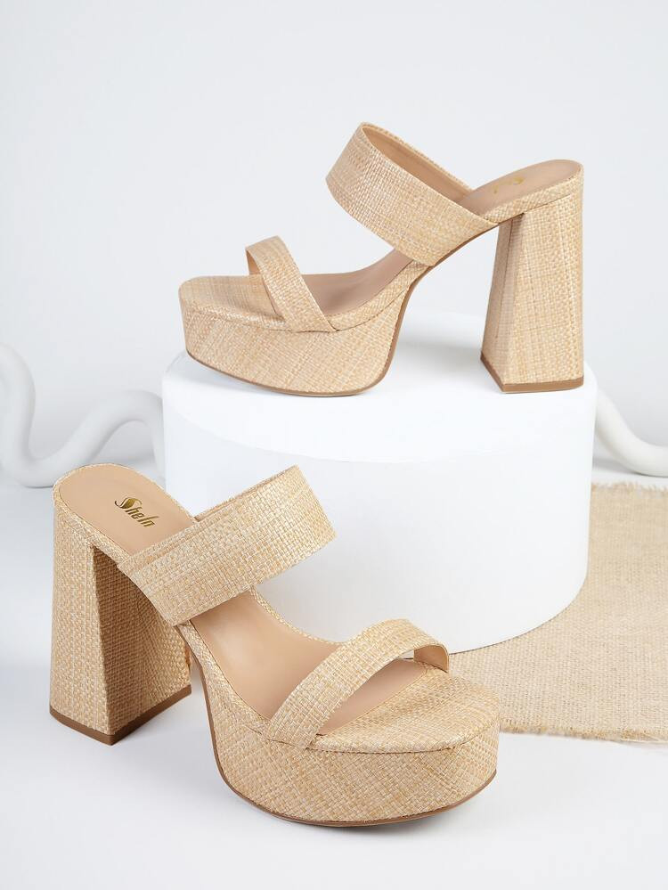 Raffia Slip On Open Toe Mule Heels | SHEIN
