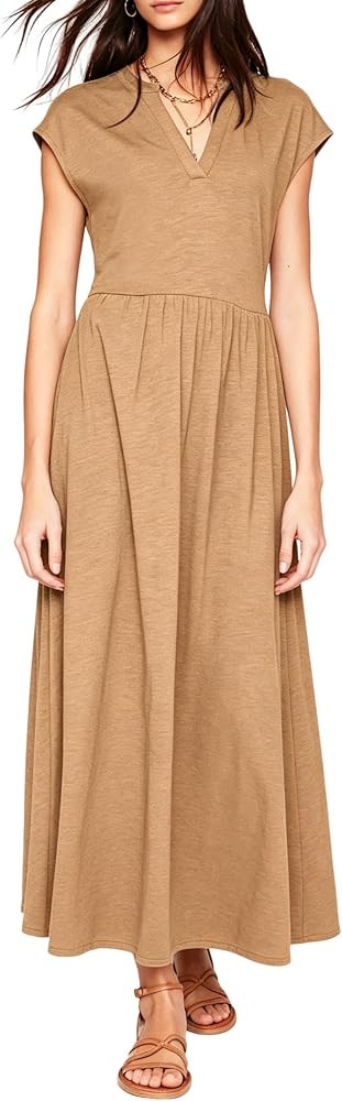 R.Vivimos Women's Summer 2026 Cotton Cap Sleeve V Neck Empire Waist Casual Midi Dress with Pocket... | Amazon (US)