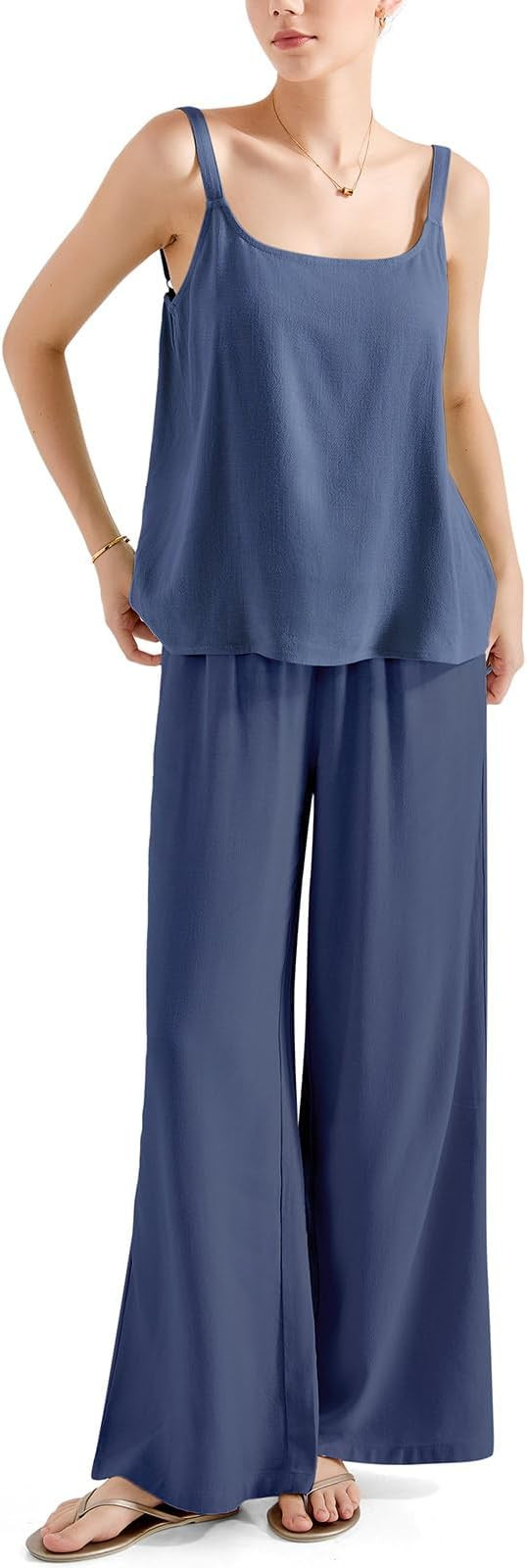 SUUKSESS Women 2 Piece Outfits Linen Pants Set Summer Travel Vacation Matching Sets | Amazon (US)