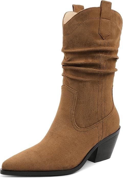 Esvowido Womens Slouchy Western Cowboy Cowgirl Retro Mid calf Boots Faux Suede Leather Stylish Bo... | Amazon (US)