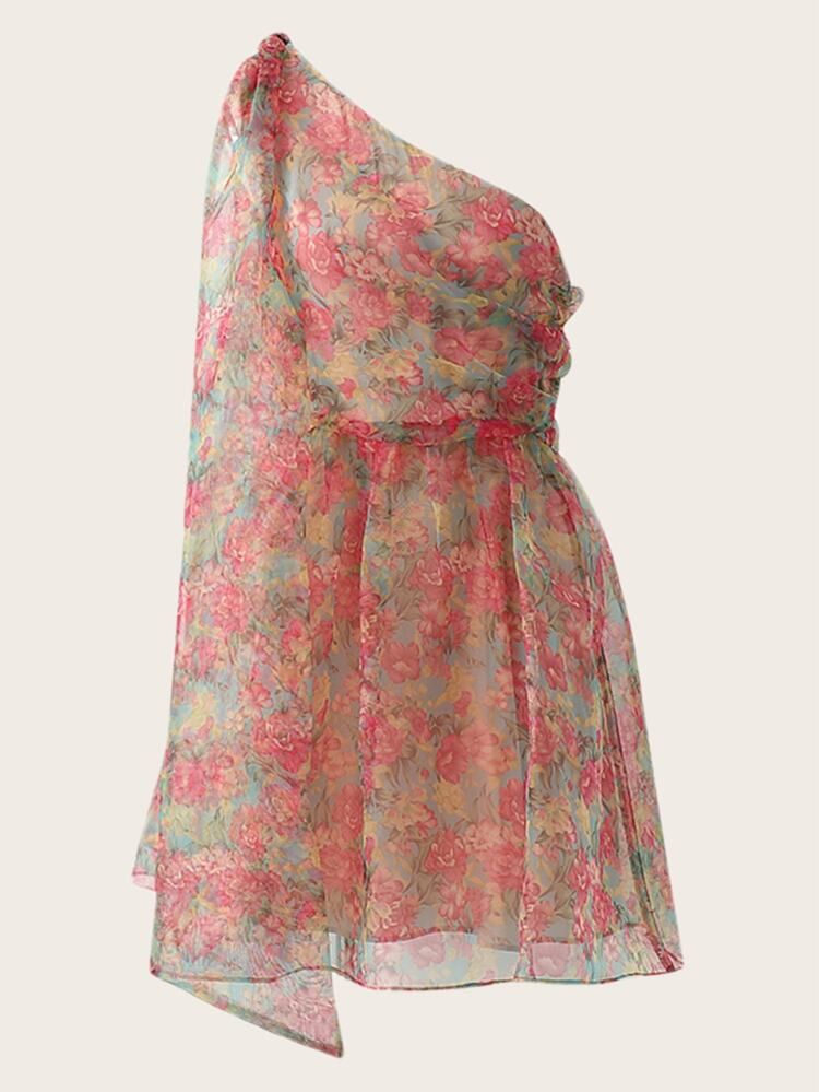 Floral Print Asymmetrical Neck Organza Dress | SHEIN
