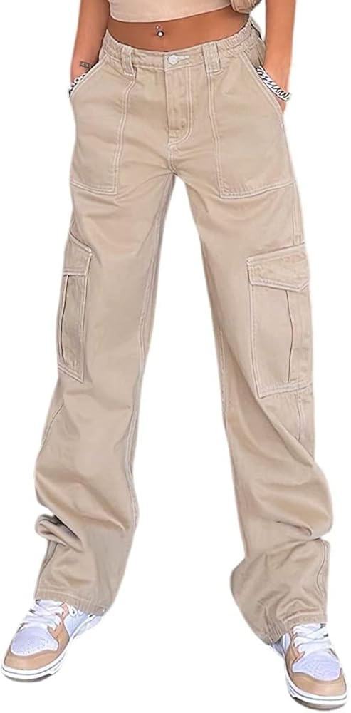 QYANGG High Waist Stretch Cargo Pants Women Baggy Multiple Pockets Relaxed Fit Straight Wide Leg ... | Amazon (US)