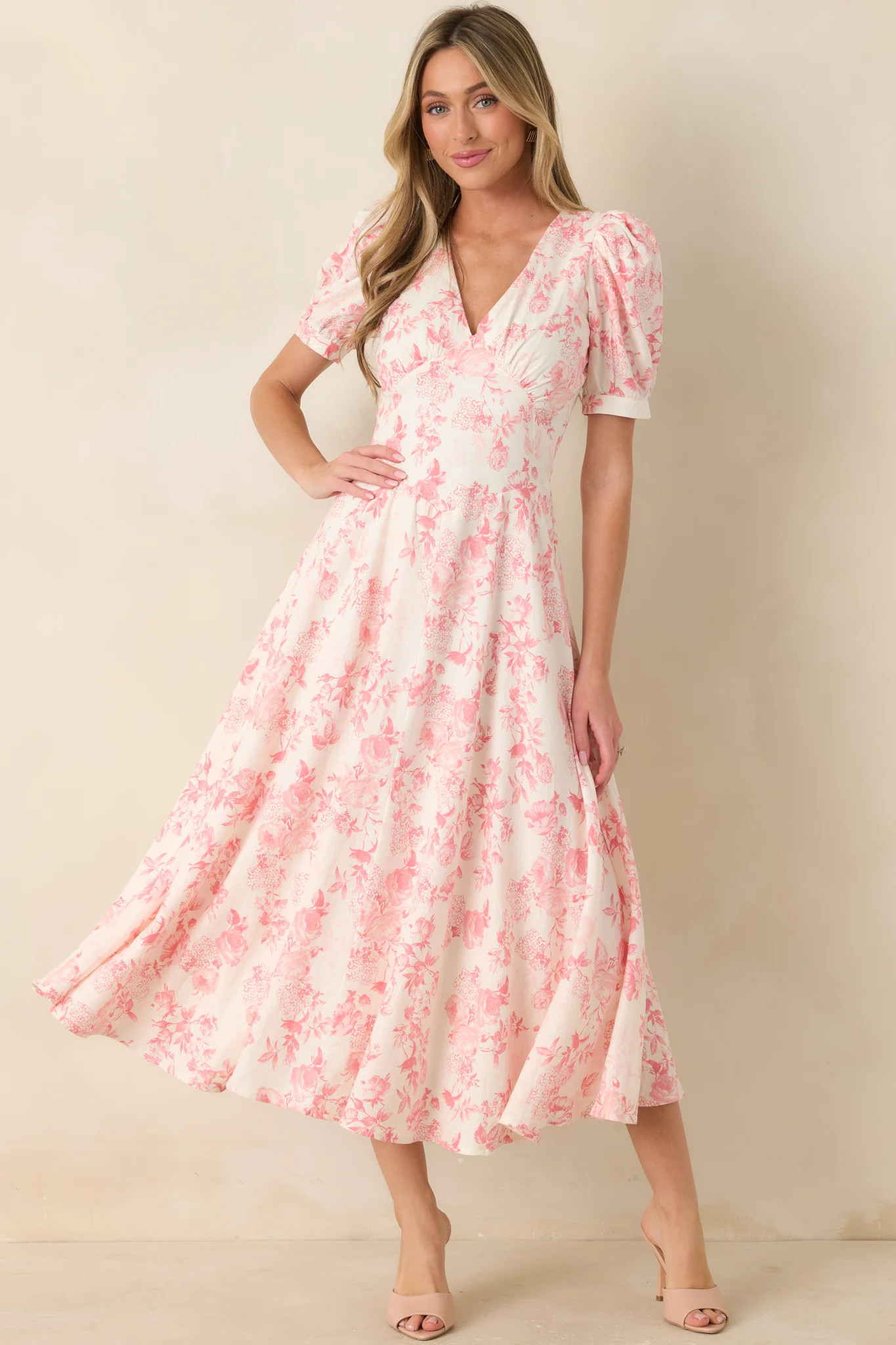 Dapper Darling Coral Pink Floral Linen Blend Draped Maxi Dress | Red Dress