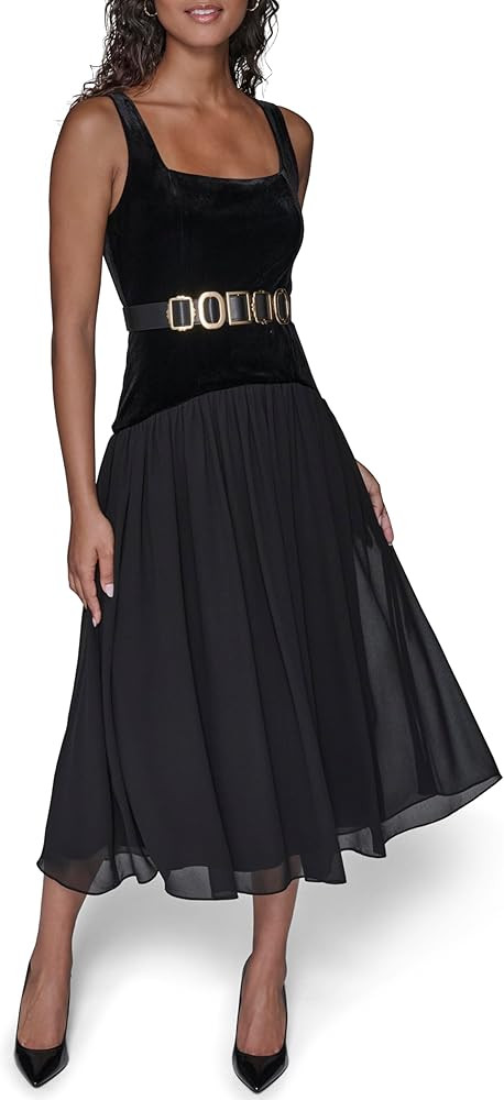 Karl Lagerfeld Women's Sleeveless Stretch Velvet Novelty Belt Midi Dress | Amazon (US)