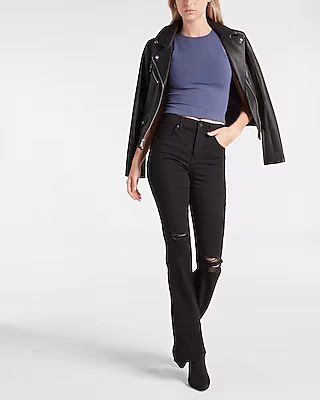 High Waisted Black Ripped Supersoft Bootcut Jeans | Express