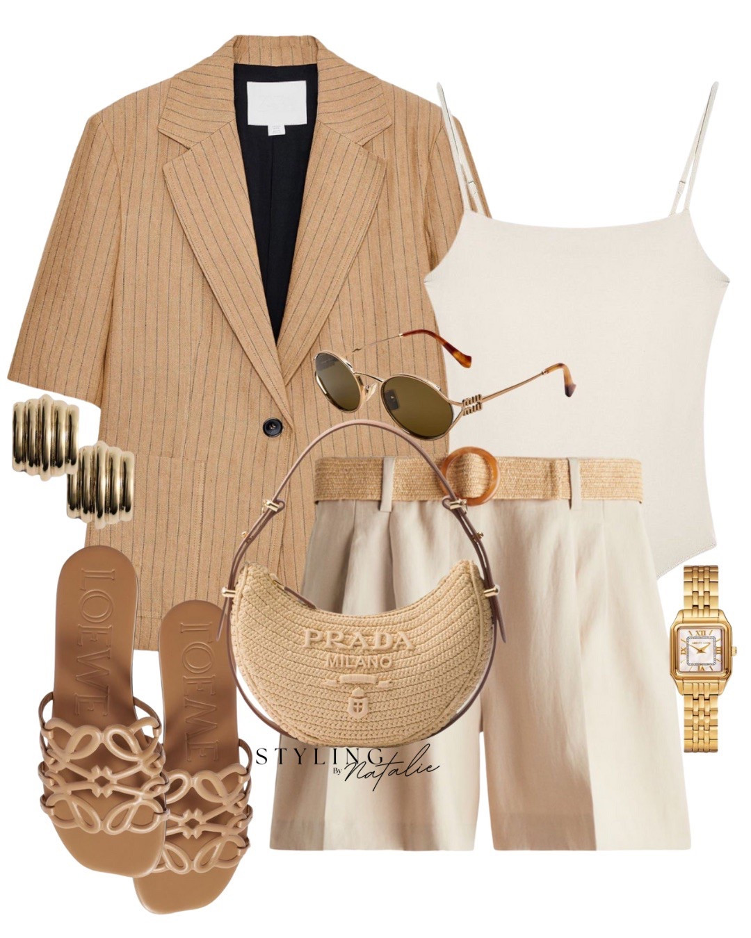 Casual chic weekend summer outfit- Stripe shirt sleeve blazer, strappy bodysuit, belted linen shorts, Loewe slides, Prada raffia bag, gold watch, Miu Miu sunglasses & gold earrings. Neutral outfit, brunch outfit, Zara, high street, chic.

#LTKsummer #LTKstyletip #LTKuk