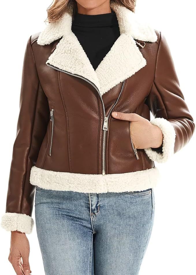 DIASHINY Women's Faux Shearing Fur Winter Coat Warm Thick Fur Lined Faux Leather Jacket | Amazon (US)