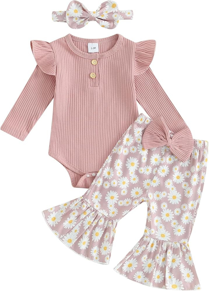 Hnyenmcko Newborn Baby Girl Clothes Ribbed Long Sleeve Ruffle Romper Bell-Bottom Pants Headband S... | Amazon (US)