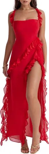 Ariela Ruffle Side Slit Gown Red Gown Red Maxi Dress Maxi Red Dress Long Red Dress Code | Nordstrom
