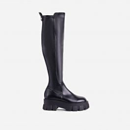 Marfa Chunky Sole Knee High Long Biker Boot In Black Faux Leather | EGO Shoes (US & Canada)