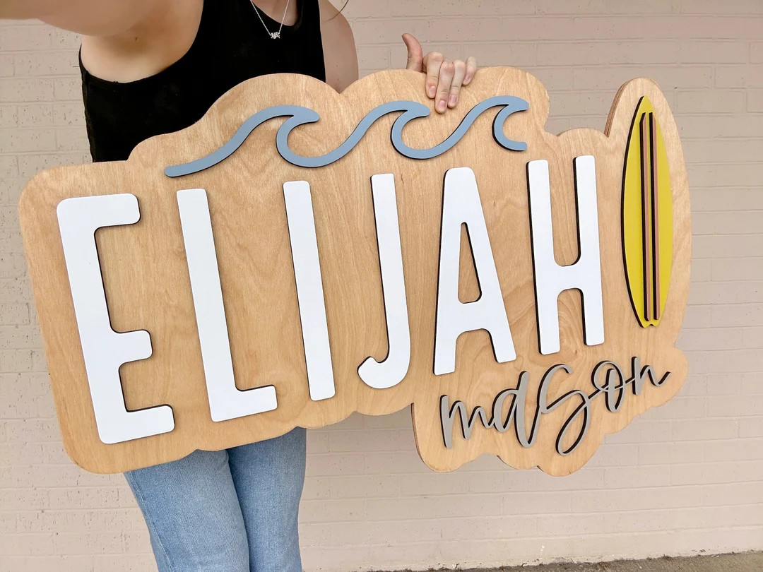 Surf Name Sign, Large Wood Name Sign, Nursery Name Sign, Beach Nursery, Rainbow Baby, Above Crib ... | Etsy (US)