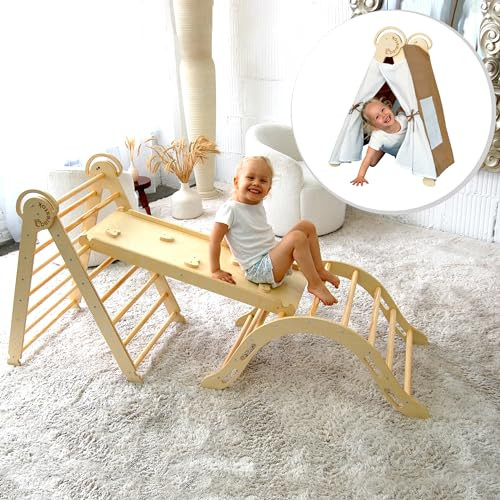 Pikler Triangle Set - 6 in 1 Montessori Climbing Toys for Toddlers 1-3 and Kids Wooden Jungle Gym for Children with Tent - Triangle Ladder – Rocker Arch – Slide- Climbing Ramp (Large Size) (4 in 1) | Amazon (US)