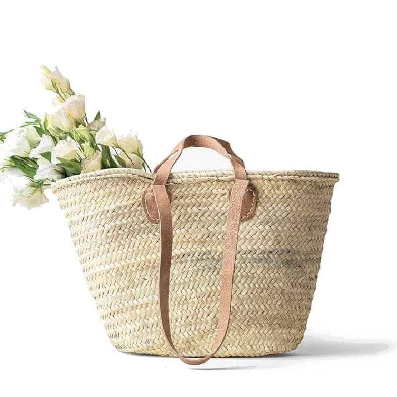 FRENCH BASKET with double flat leather handles, straw bag, beach bag, basket bag, straw basket, s... | Amazon (US)
