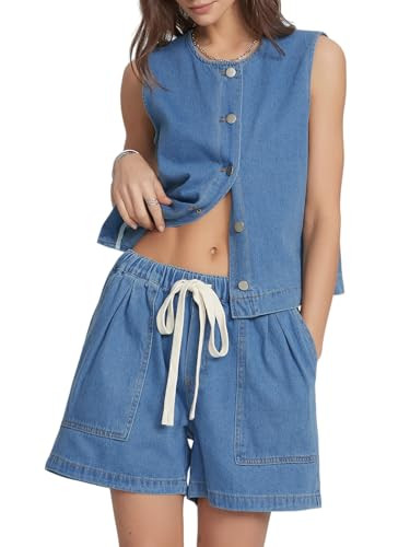 Kedera Denim Two Piece Outfits for Women Casual Sleeveless Denim Vest with Elastic Waist Baggy Je... | Amazon (US)