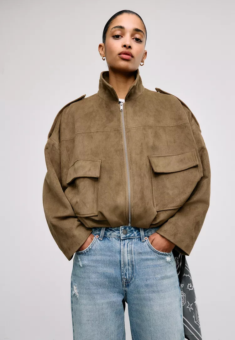 Faux suede bomber jacket - Women's fashion | Stradivarius United Kingdom | Stradivarius (UK)