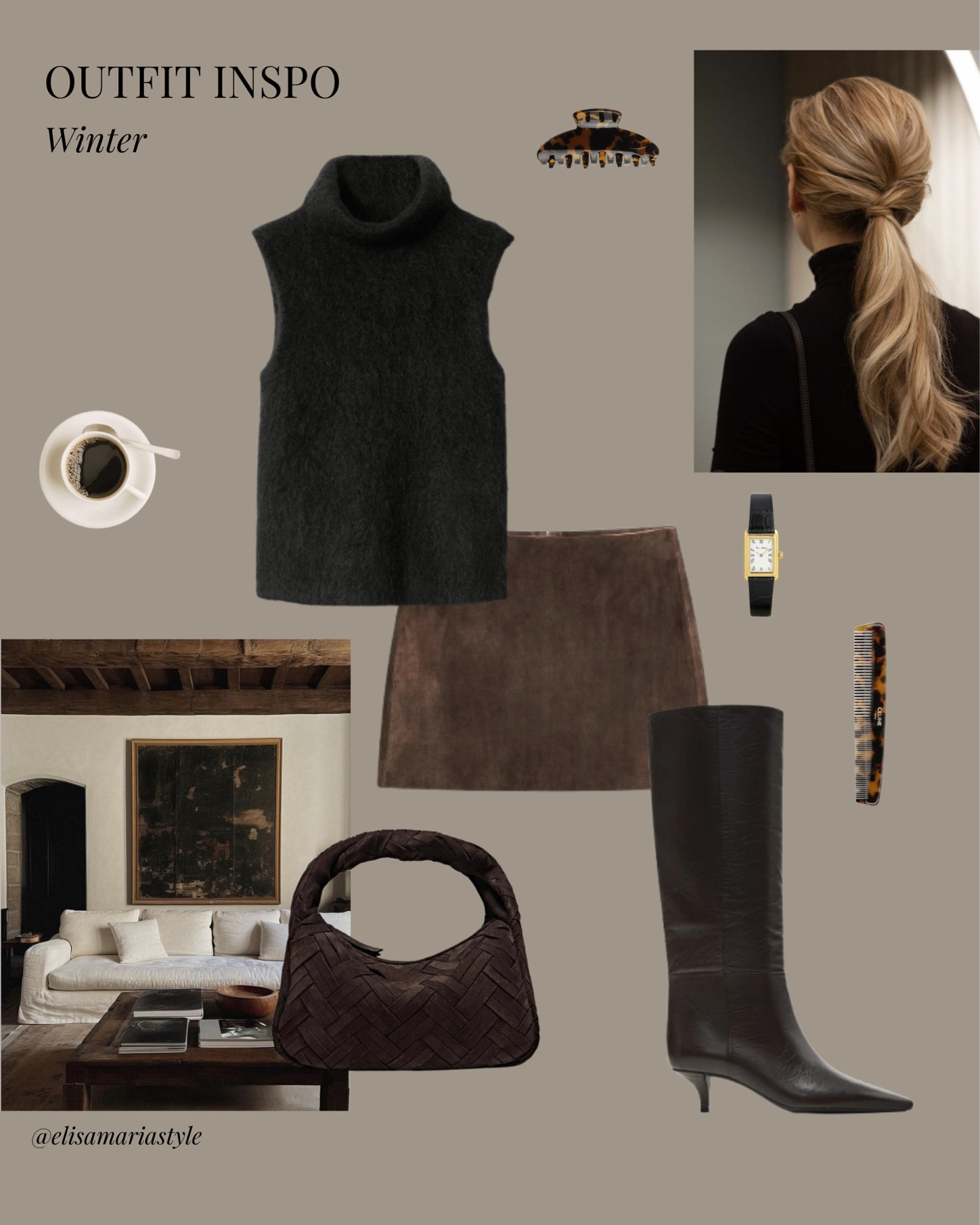 Chocolate brown bag, suede skirt, turtleneck top and knee high boots outfit for winter 🤎 Finish the look with a long black wool coat or suede blazer and sheer black tights 🫶🏼

#LTKworkwear #LTKshoes #LTKbag