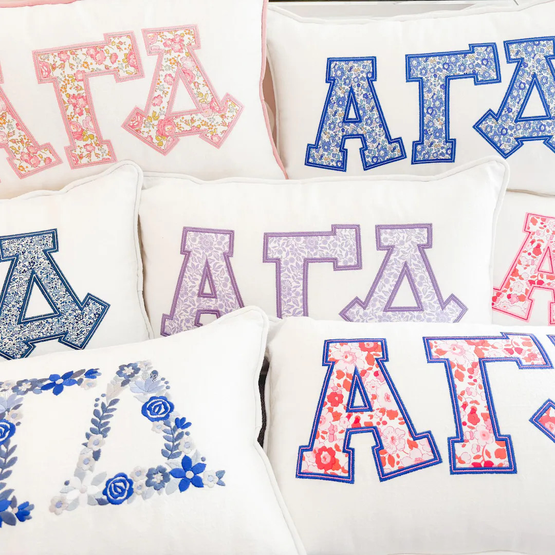 Custom Embroidered Greek Applique Letter Pillows - WHITE LINEN - Etsy | Etsy (US)