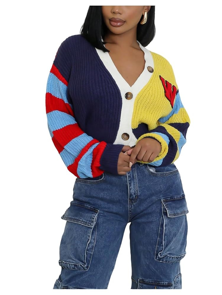 GORGLITTER Women's Letter Graphic Colorful Cropped Cardigan Button Up V Neck Trendy Knit Fall Swe... | Amazon (US)
