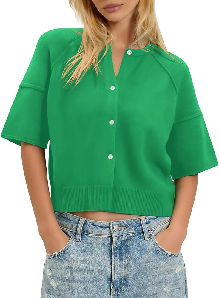 Skoinvb Womens Short Sleeve Cardigan Summer Sweaters Crew Neck Button Down Knit Shirt Blouse Dres... | Amazon (US)