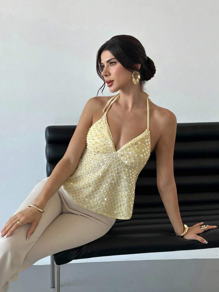 Firerie Women's Elegant Delicate Romantic Vacation Sexy New V-Neck Sheer Halter Backless Cream Ye... | SHEIN