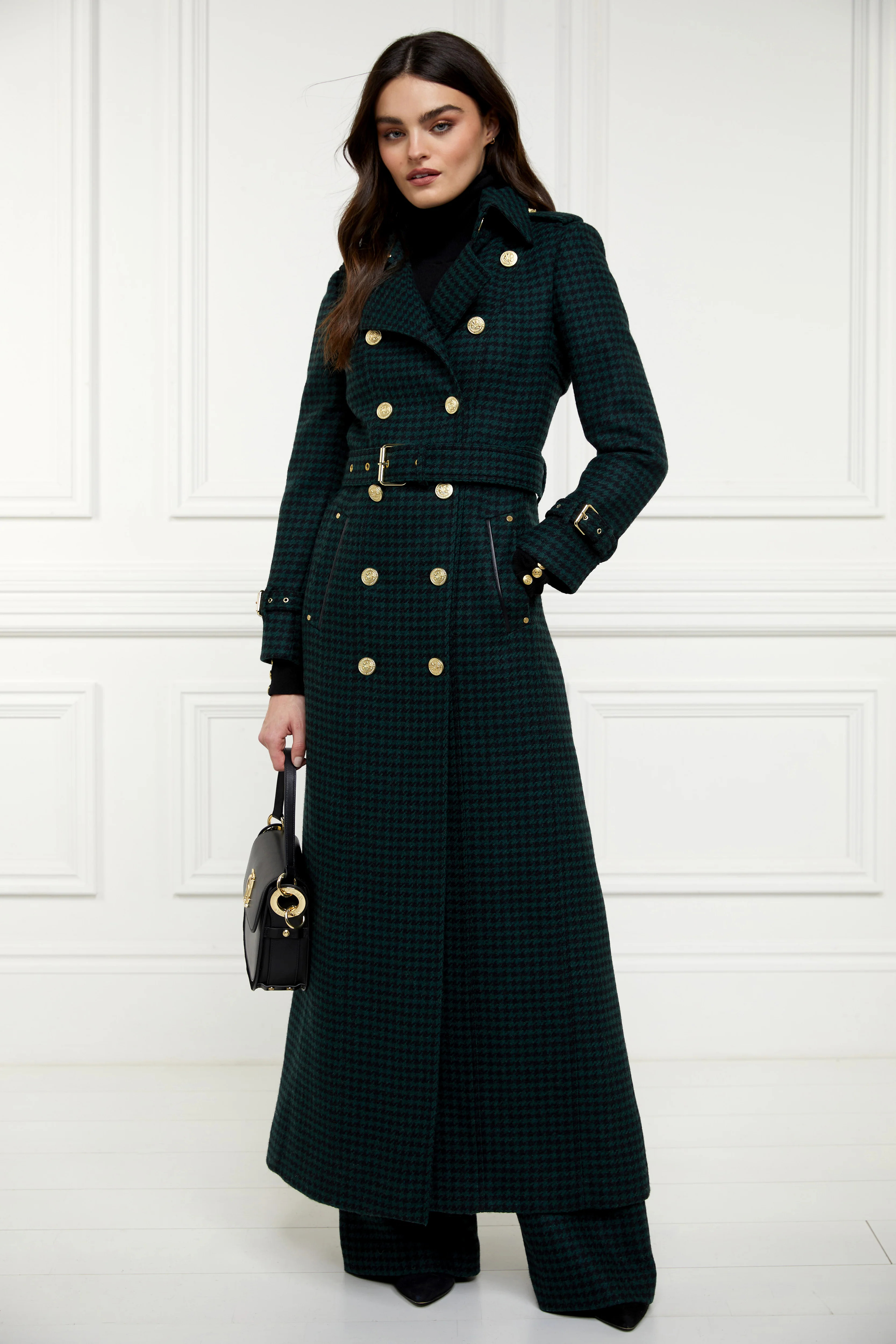 Full Length Marlborough Trench Coat (Emerald Houndstooth) | Holland Cooper