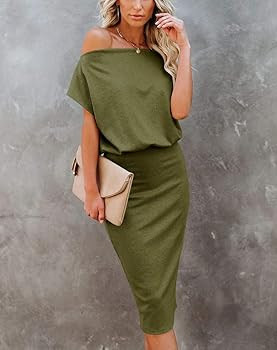 Ezbelle Women's 2024 Summer Dress Off The Shoulder Short Sleeve Ribbed Casual Party Bodycon Midi ... | Amazon (US)