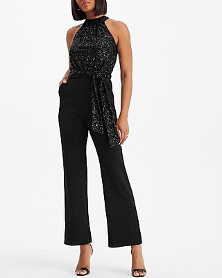 Sequin Halter Neck Tie Waist Jumpsuit | Express