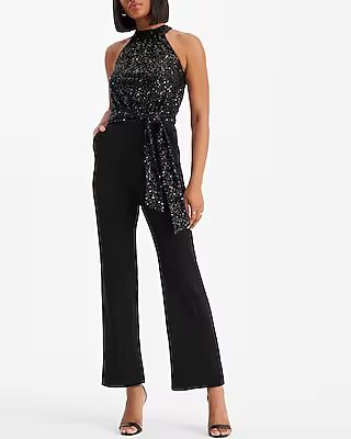 Sequin Halter Neck Tie Waist Jumpsuit | Express