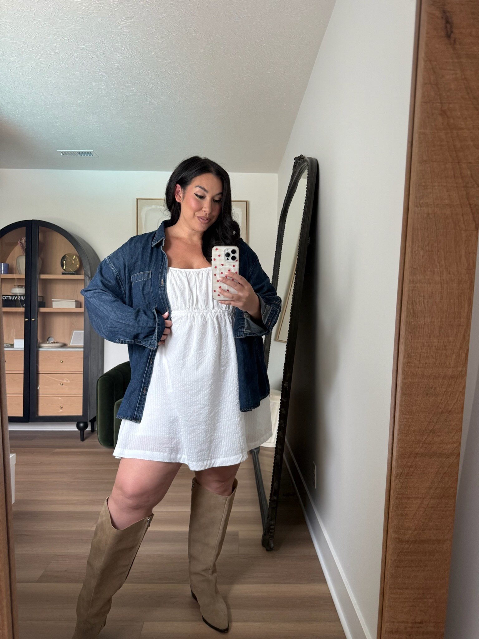 Midsize spring chic outfit! 
-
-
-
Spring outfit inspo, affordable fashion, abercrombie fashion, abercrombie new arrivals, denim jacket, babydoll dress, abercrombie outfit

#LTKootd #LTKMidsize