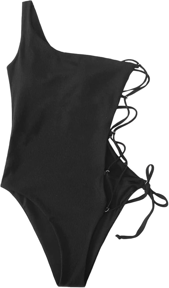 SweatyRocks Women's One Piece Swimsuits One Shoulder Swimwear Lace-up Side Monokinis Bathing Suit... | Amazon (US)