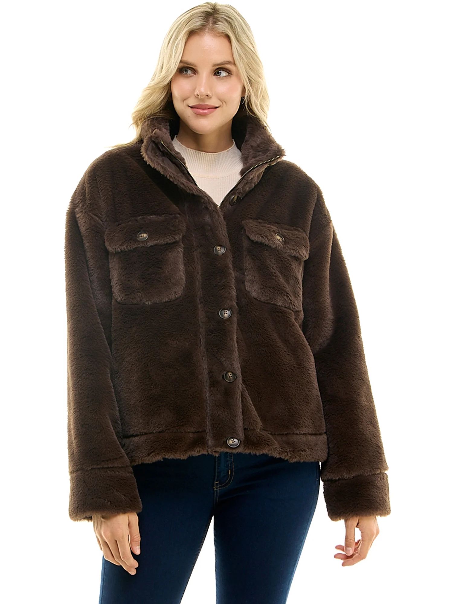 Time and Tru Women's Faux Fur Bungee Shacket, Sizes XS-3X | Walmart (US)