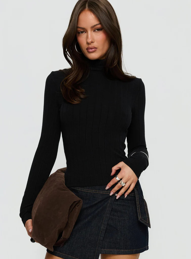 Enisa High Neck Long Sleeve Top Black | Princess Polly US