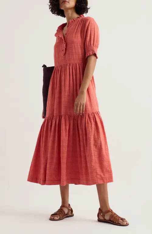 Seasalt Cornwall Feather Star Puff Sleeve Tiered Organic Cotton Blend Dress in Dusky Coral at Nordstrom, Size 10 | Nordstrom
