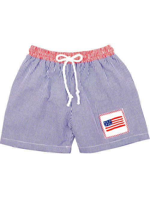 Navy and Red Gingham Smocked Flag Swim Trunks | Cecil and Lou