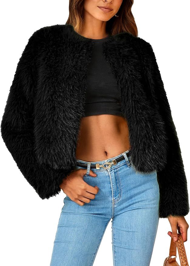 PRETTYGARDEN Women's 2023 Winter Coats Fleece Cropped Jacket Faux Fur Long Sleeve Pockets Shaggy ... | Amazon (US)